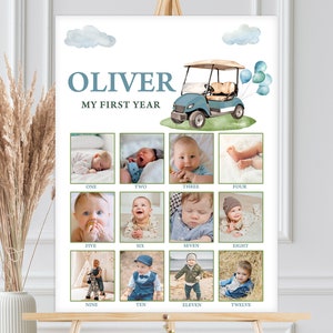Znak Kamienia Milowego ze Zdjęciem, Plakat ze Zdjęciem 12 Miesięcy, Rok W Zdjęciach | Hole In One, Golfing Cart Par Tee | Wydrukowana Dekoracja Na Pierwsze Urodziny Chłopców HIO
