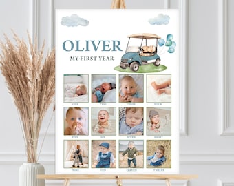 Photo Milestone Sign, 12 Months Photo Poster, Year In Photos | Hole In One, Golfing Cart Par Tee | Printable Boys First Birthday Decor HIO