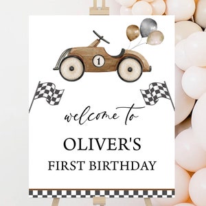 Birthday Welcome Sign Template Editable Welcome Poster | Retro Race Car, Fast ONE Racing Car | Printable Boys 1st Birthday Party Welcome RC3