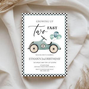 May include: A rectangular birthday invitation card with a black and white checkered border. The text reads Growing Up Two Fast, Ethan's 2nd Birthday, Saturday May 15th at 12:00PM, Ethan's Home, 1234 Race Track Drive, Miami, FL, RSVP to Olivia by May 1st at 555.4444.000.