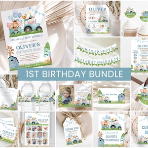 Farm Birthday Bundle, Boys 1st Birthday Invite | Farm, Barn Animals, Barnyard, Ranch | Printable First Birthday Party Decoration Ideas Signs