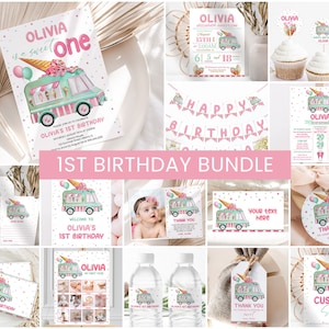 Eis-Geburtstags-Bundle, Mädchen 1.Geburtstags-Einladungs-Pack | Eiswagen, Sommer | Ausdruckbare Mädchen Geburtstagsparty Dekoration Schilder