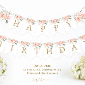 Blush Floral Party Banner Printable Happy Birthday Banner DIY Baby Shower Banner Personalized Custom Banner Party Decor Digital Download NW1