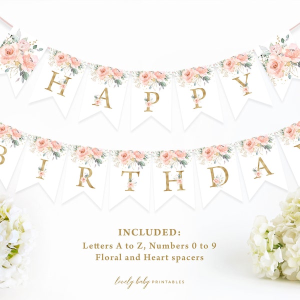 Blush Floral Party Banner Printable Happy Birthday Banner DIY Baby Shower Banner Personalized Custom Banner Party Decor Digital Download NW1