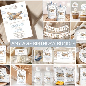 Airplane Birthday Bundle, Invite Template | Retro Fighter Plane, Pilot, Time Flies | Printable Boys Birthday Party Decor, Signs, Ideas AP2