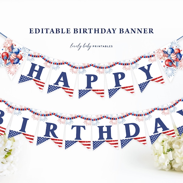 Happy Birthday Banner | Patriotic, 4th of July Red White & Blue, Firecracker | Printable 1st Birthday Bunting Custom Party Decor Garland RWB