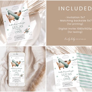 May include: Printable invitation for a first birthday party with a blue and brown airplane theme. The invitation features a watercolor illustration of an airplane flying through the clouds with the text "Time flies when you are having fun for Lucas is turning one".