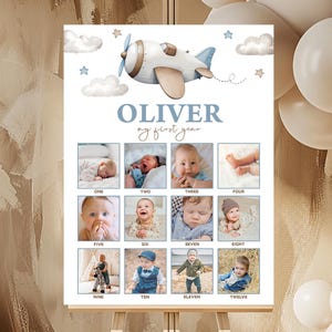 Placa de marco fotográfico, pôster de 12 meses, ano em fotos | Avião, piloto, o tempo voa, avião de caça | Placas de decoração para festa de 1º aniversário de menino AP1