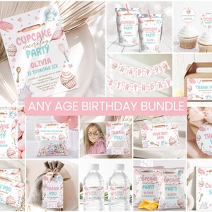 May include: A pink and blue cupcake decorating party birthday bundle with printable invitations, thank you tags, water bottle labels, favour bags, and a banner. The bundle includes the text "Cupcake Decorating Party" and "Olivia is turning six".