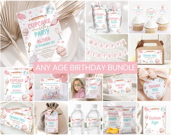 Cupcake Birthday Invitation Bundle, Baking Party Girl Birthday Invite (ANY AGE), Printable Editable Decor (Instant Download) CPK
