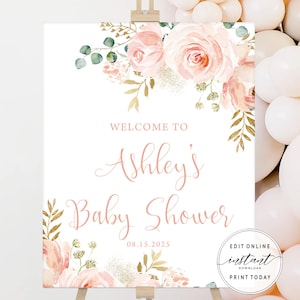 Welcome Sign Template Editable Baby Shower Welcome Sign Printable Baby Shower Decor DIY Baby Shower Ideas Blush Pink Floral DIYBL2 DIYBLG