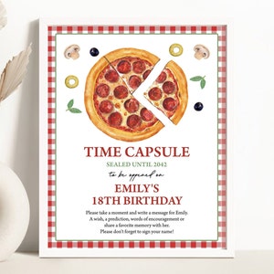 Placa de cápsula do tempo de aniversário, cartão | Pizza Party Slice of Fun | Ideias de decoração para festa de aniversário de 1 ano para meninas, lembrança, cápsula do tempo de pizza PZ1