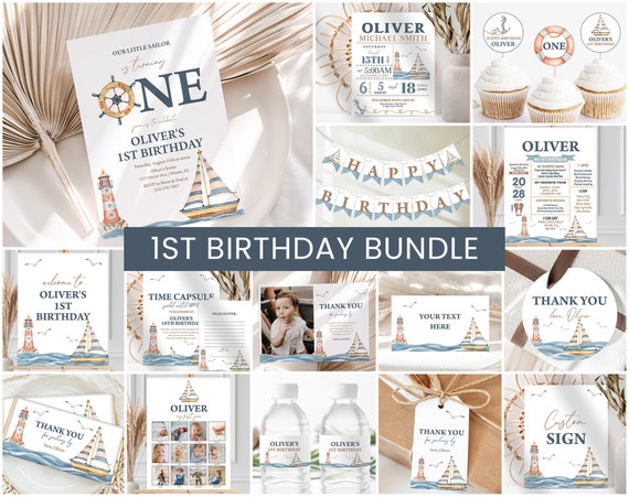 Nautical Birthday Bundle, Boys 1st Birthday Invite | Sailboat, Our Little Sailor, Lighthouse | Printable Boy Birthday Party Decor, Ideas NAU