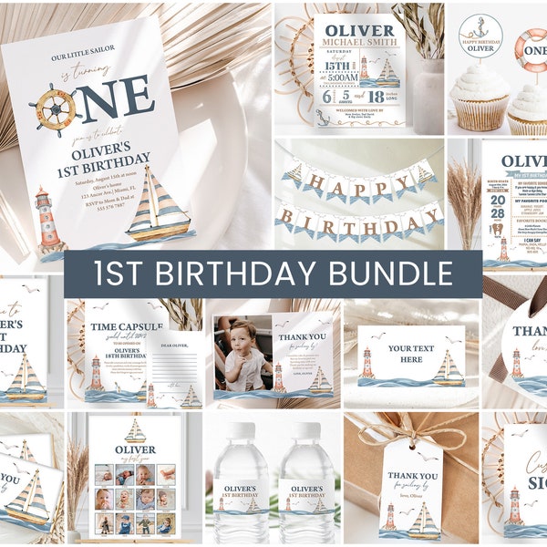 Nautical Birthday Bundle, Boys 1st Birthday Invite | Sailboat, Our Little Sailor, Lighthouse | Printable Boy Birthday Party Decor, Ideas NAU