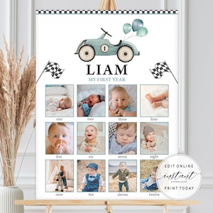 Druckbare monatliche Fotoposter Jungen 1. Geburtstag Meilenstein Zeichen Rennwagen Geburtstag Fotocollage Ein Jahr Baby Fast One Bday Andenken RC1