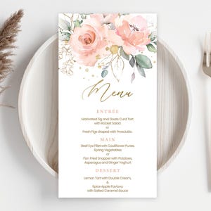 Plantilla de tarjeta de menú para baby shower / Bebé en flor, rosa ruborizado, flores bohemias, primavera / Menú imprimible para fiesta de baby shower de niñas, ideas de decoración BI3