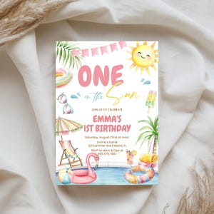 ONE In The Sun Birthday Invitation, First Birthday Invite | Pool Party Bash, Splish Splash | Printable Girls 1st Birthday Party Invite PPT
