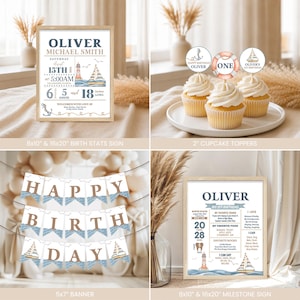 Nautical Birthday Bundle, Boys 1st Birthday Invite | Sailboat, Our Little Sailor, Lighthouse | Printable Boy Birthday Party Decor, Ideas NAU image 3
