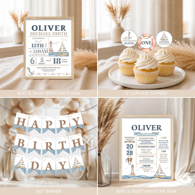 Nautical Birthday Bundle, Boys 1st Birthday Invite | Sailboat, Our Little Sailor, Lighthouse | Printable Boy Birthday Party Decor, Ideas NAU image 3