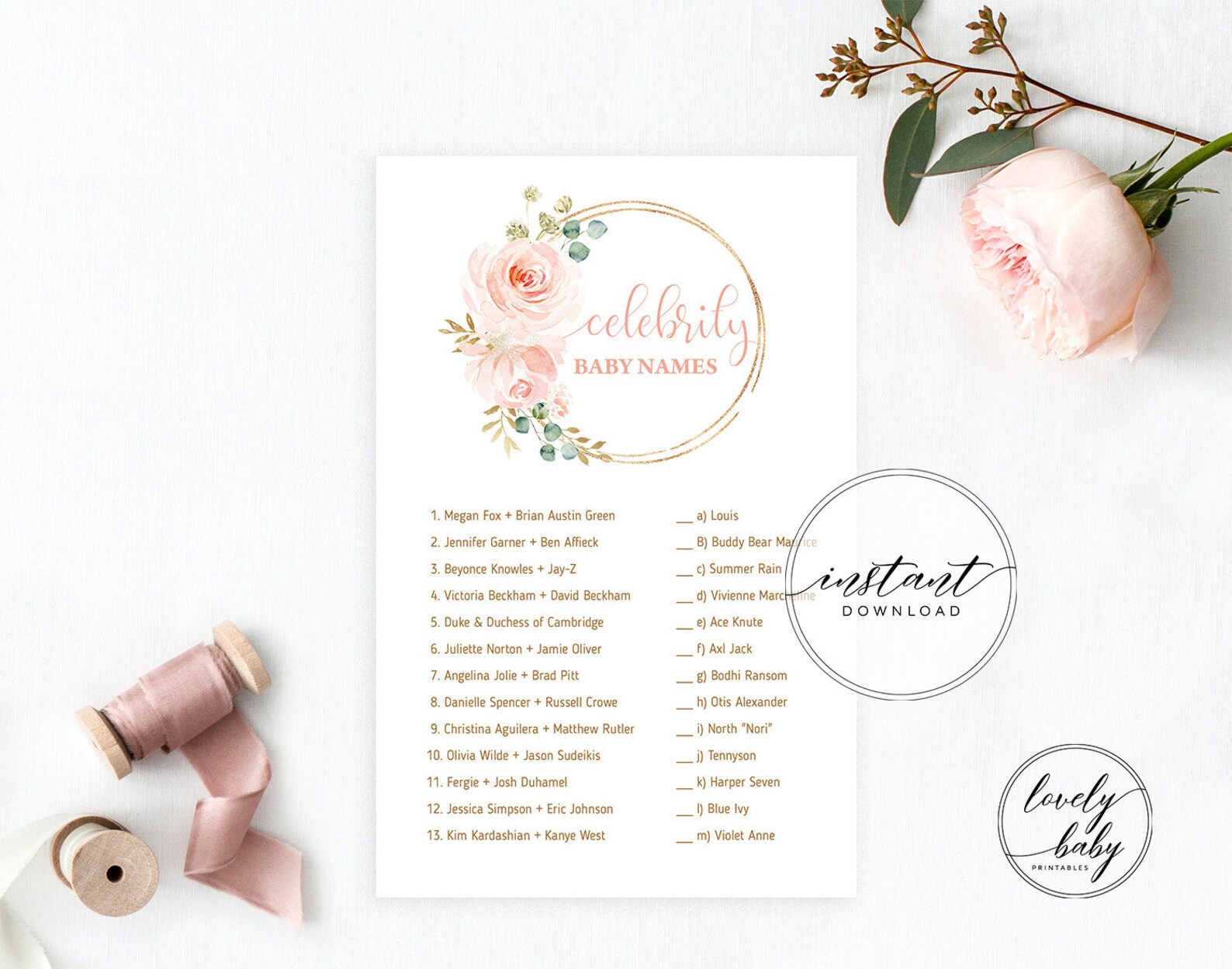Celebrity Baby Name Game Printable Baby Shower Game Gold | Etsy