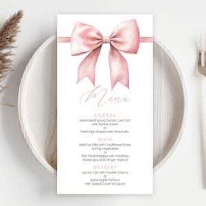 Szablon karty menu na baby shower | Różowa kokarda, kokarda kokietka, miękka różowa wstążka | Do druku, edytowalne menu na baby shower dla dziewczynki, pomysły na dekoracje PB4