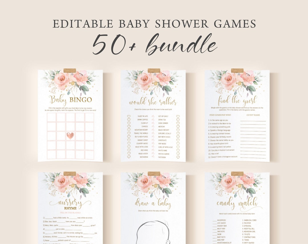 Editable Baby Shower Games Set Package Blush Pink Floral Spring Editable Baby Shower Games Set Package Blush Pink Floral Spring