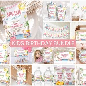 Könnte beinhalten: Ein digitales Druckpaket für eine Kindergeburtstagsparty mit einem Sommer-Pool-Thema. Das Paket enthält eine Vielzahl von Artikeln wie Einladungen, Dankeskarten, Geschenkanhänger, Wasserflaschenetiketten, Cupcake-Topper und ein Banner. Das Design zeigt einen rosa Flamingo, eine Sonne, Palmen und einen Pool.