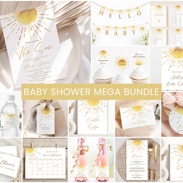 Sunshine Baby Shower Bundle, Sun Baby Shower Invite Pack | Here Comes The Sun, Boho Retro | Printable Editable Template | Decor Favors Games