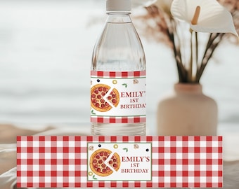 May include: A clear water bottle with a label featuring a pizza graphic and the text "EMILY'S 1ST BIRTHDAY." The label has a red and white checkered pattern. A matching label is below the bottle.