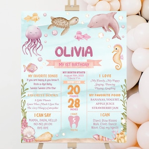 Mijlpaalbord babymeisje, poster | Onder de zee, oceaandieren | Afdrukbaar decor 1e verjaardag, bewerkbaar mijlpaalbord, aandenken UTS
