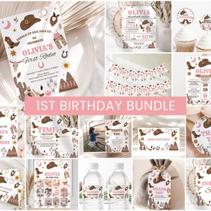 First Rodeo Birthday Bundle, Girls 1st Birthday Invite | Cowgirl, Wild West, Southwestern Party | Printable First Birthday Party Decor Ideas