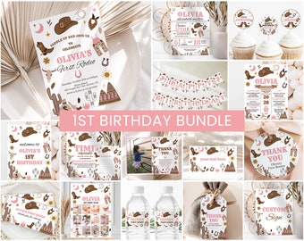 First Rodeo Birthday Bundle, Girls 1st Birthday Invite | Cowgirl, Wild West, Southwestern Party | Printable First Birthday Party Decor Ideas