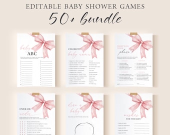 Paquete de juegos para baby shower con lazo rosa, letreros imprimibles para baby shower y decoración PB2