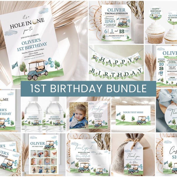 Hole In One Birthday Bundle, Boy First Birthday Invite | Golf Cart, Golfing Par Tee | Printable Boys 1st Birthday Party Decoration Ideas HIO