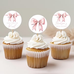 Cupcake Toppers, Cake Decor | She&#39;s Tying The Knot, Pink Coquette Bow, Chic Ribbon | Printable Bridal, Wedding Shower Party Decor Ideas BS3
