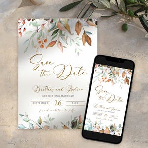 Save The Date Hochzeitskarte | Boho Rustikal, Herbst Herbst Blätter, Grün Botanisch, Gold Floral | Printable Save Our Date Ankündigung Geldautomat