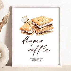 Placa de rifa de fraldas, cartão | Smore To Love, Smore Fun, acampamento, fogueira, outono | Decoração de festa de chá de bebê neutra para impressão, placas, jogos SM1