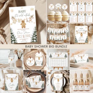Könnte beinhalten: Eine Sammlung von Babyparty-Papeterie-Artikeln mit Winterthema. Die Designs zeigen einen Teddybären, Schneeflocken und Tannenbäume. Enthalten sind Einladungen, Cupcake-Topper, Banner und ein Kalender. Die Farbpalette ist hauptsächlich beige, weiß und gold.