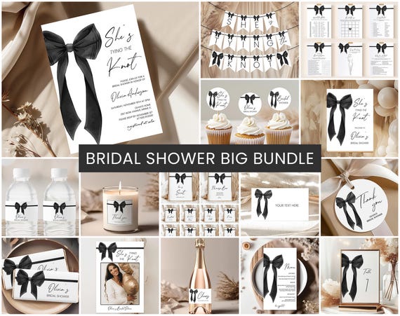 Bow Bridal Shower Bundle, Invite | Black Bow, Tying The Knot, Elegant Chic Ribbon | Printable Bridal Shower Party Decor, Games, Signs BS1
