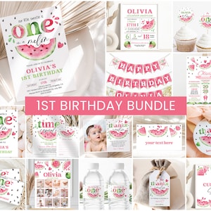 Watermelon Birthday Bundle, Girls 1st Birthday Invite Pack | One In A Melon, Summer | Printable Girls First Birthday Party Decorations Signs