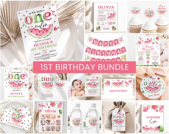 Watermelon Birthday Bundle, Girls 1st Birthday Invite Pack | One In A Melon, Summer | Printable Girls First Birthday Party Decorations Signs