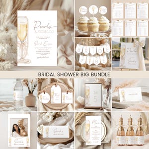 Peut inclure: Ensemble de papeterie et de décorations pour une fête prénuptiale. Comprend des invitations, des décorations de cupcakes, une bannière « Bride to Be », des cartes de table et des mini-bouteilles de champagne. Le thème est champagne et perles.