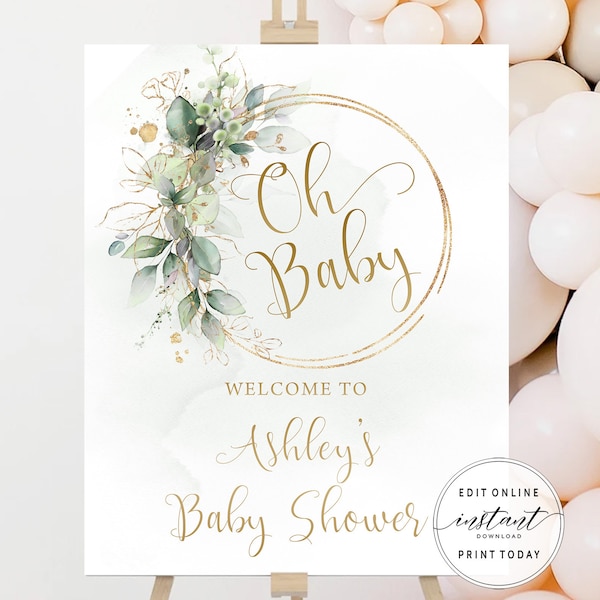 Printable Baby Shower Welcome Poster Editable Oh Baby Welcome Sign Template Greenery Gold Floral Party Welcome Sign Shower Decorations DIYA1