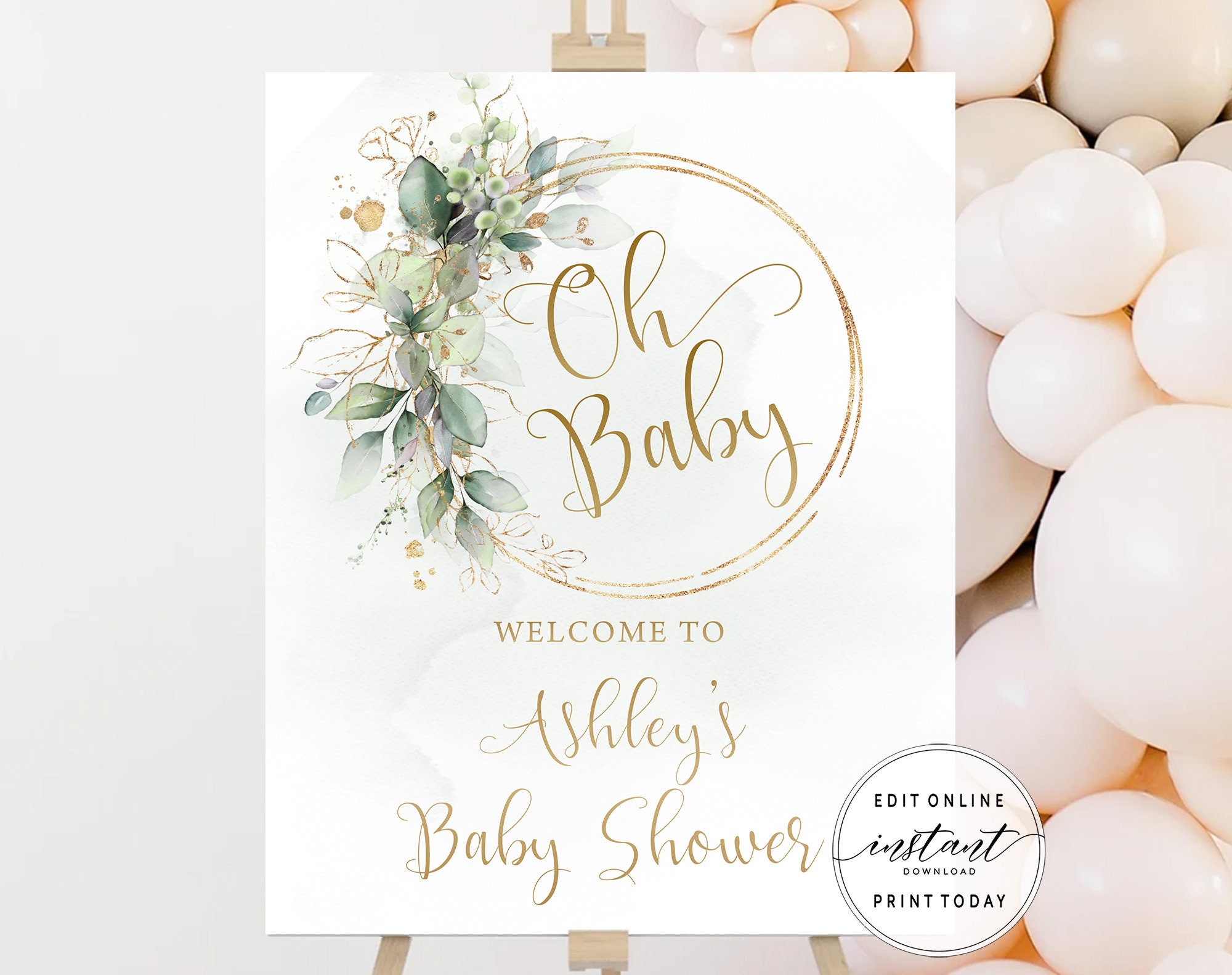 Printable Baby Shower Welcome Poster Editable Oh Baby Welcome Sign Template Greenery Gold Floral Party Welcome Sign Shower Decorations DIYA1
