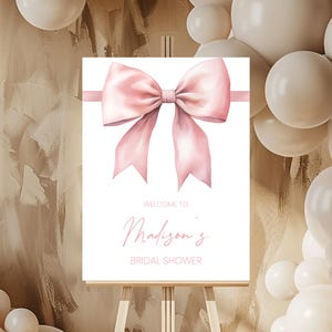 Cartello di benvenuto per la festa della sposa, poster / Sta per fare il grande passo, fiocco rosa Coquette, nastro chic / decorazione per la festa della sposa, addio al nubilato BS3