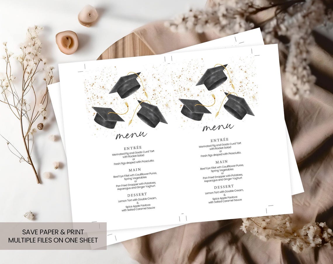 Graduation Party Menu Card Template | Black & Gold Glitter, Confetti ...