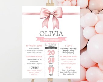 Pink Bow 1st Birthday Milestone Sign, Coquette Editable Birthday Poster PB3