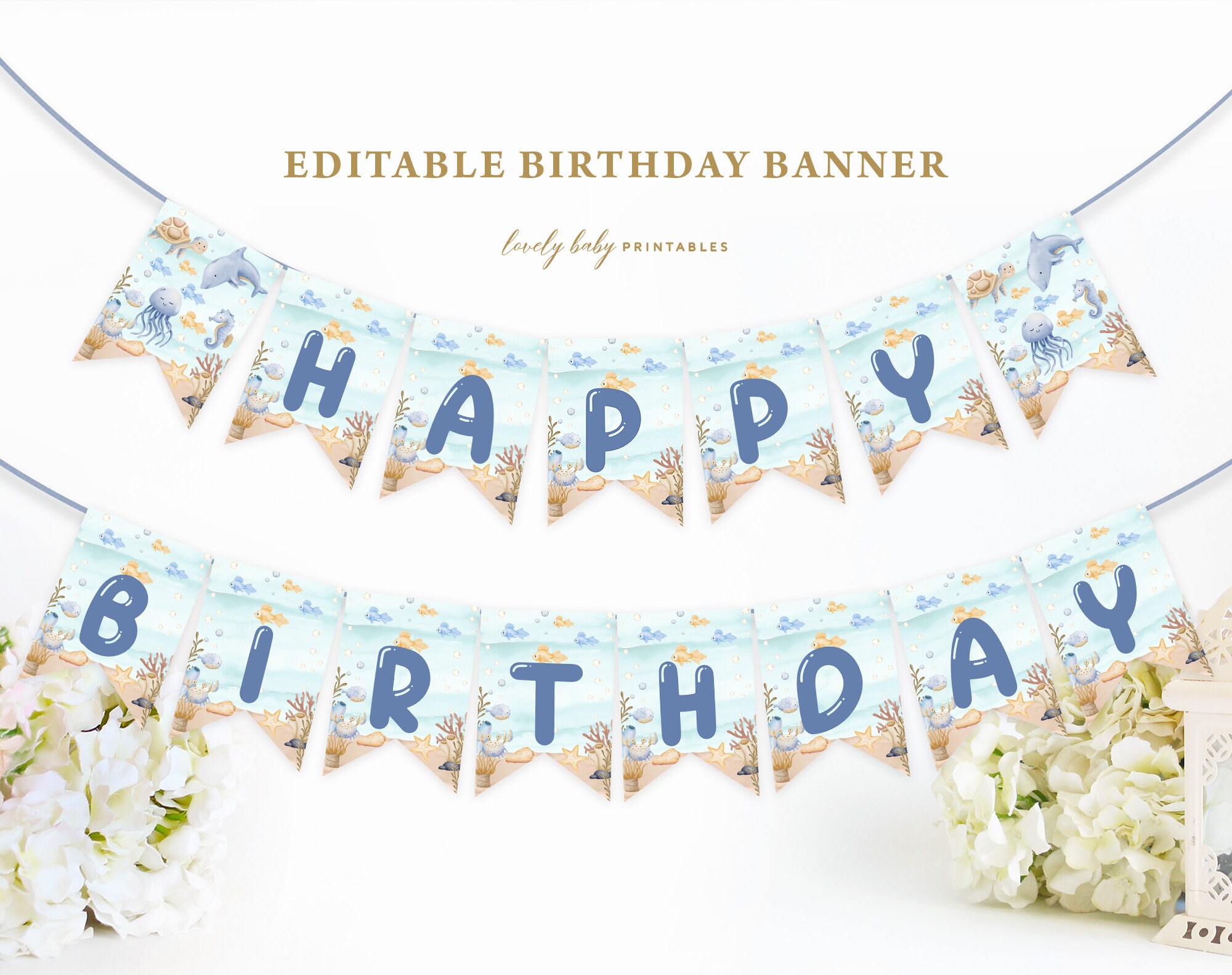 Under The Sea Happy Birthday Banner ONEder the Sea Ocean Animals Printable Boys 1st Birthday Bunting Custom Party Decor