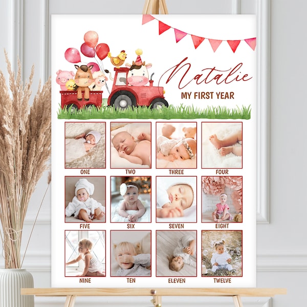 Photo Milestone Sign, 12 Months Poster, Baby's Photo Collage | Farm, Barn Animals, Barnyard, Ranch | Printable 1st Birthday Party Decor FA3