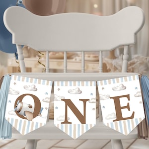 High Chair Banner, Birthday ONE Banner | Airplane Pilot, Time Flies, Fighter Plane | Printable Boy 1st Birthday Party Banner Decor Ideas AP1